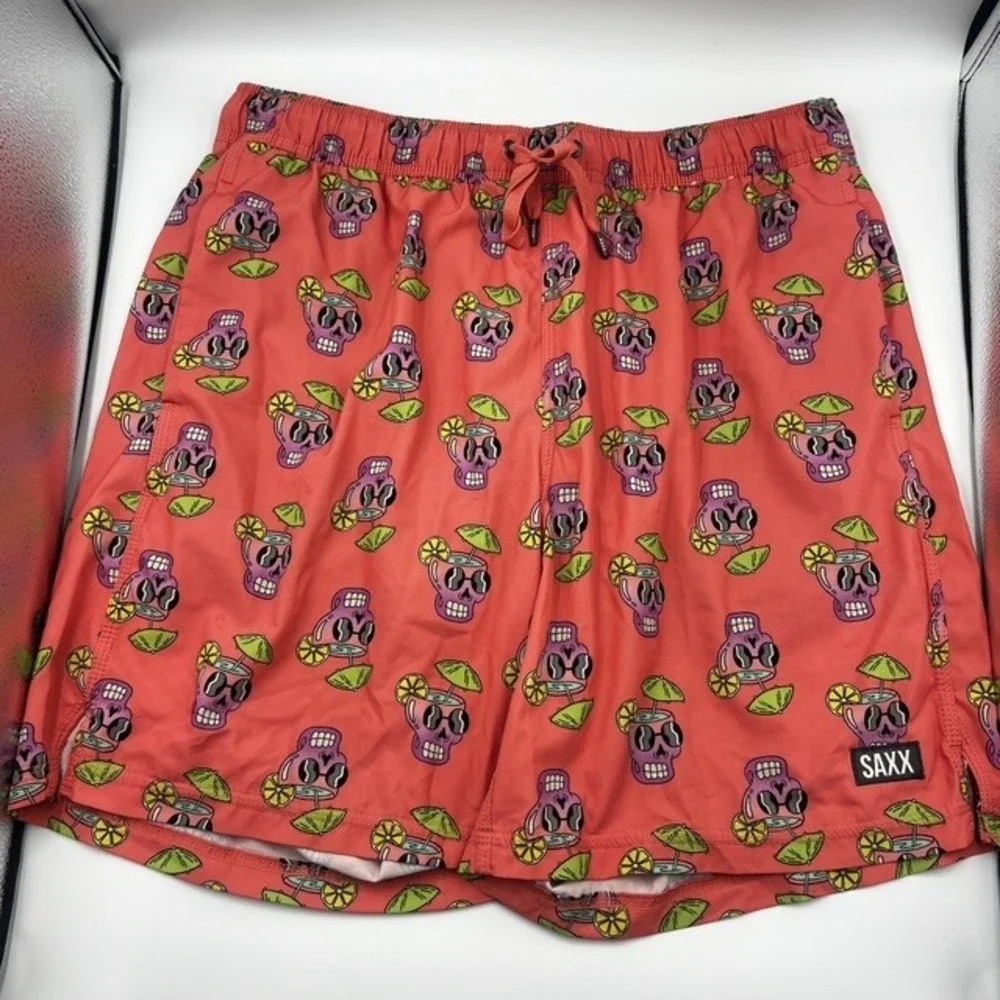 SAXX Men's Oh Buoy 2-in-1 Coral Skull Cocktail Print Swim Trunks Size Large